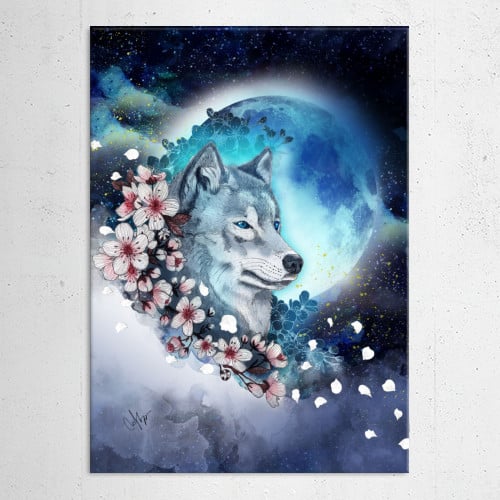 wolf and sakura in the moonlig... by Marine Loup | Displate